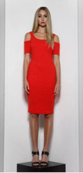 Coral Cold-Shoulder Midi Dress