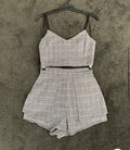 Grey Plaid Two Piece Crop Top and Shorts Set