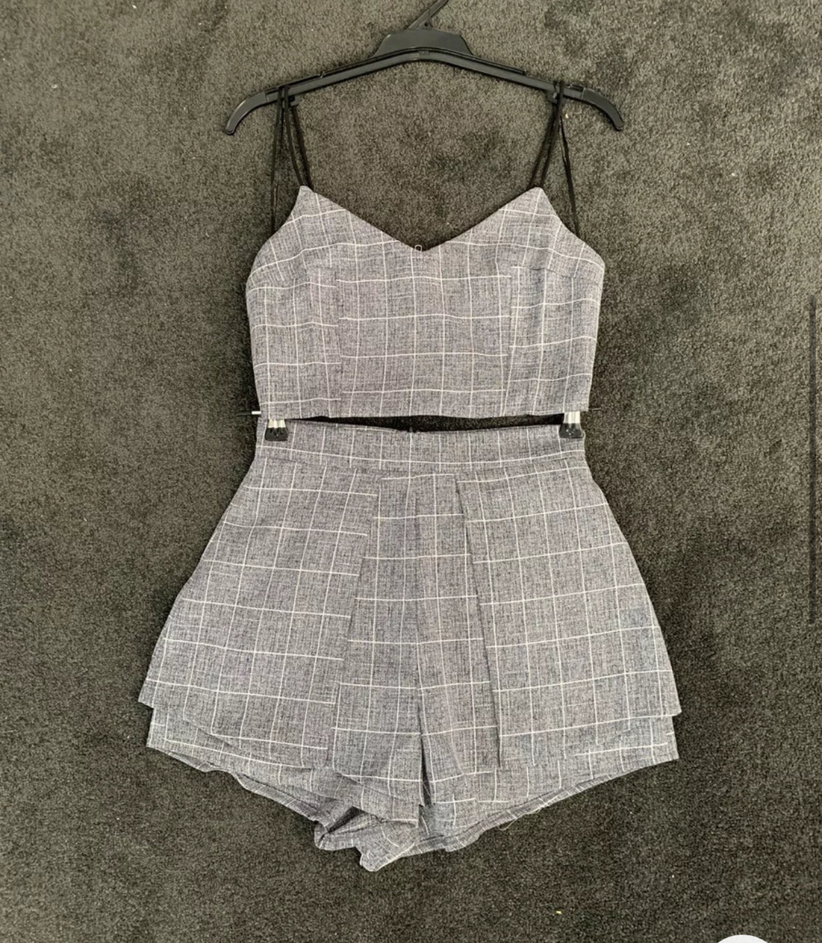 Grey Plaid Two Piece Crop Top and Shorts Set