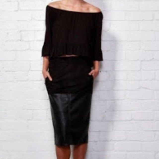 Black Mixed-Media Midi Skirt